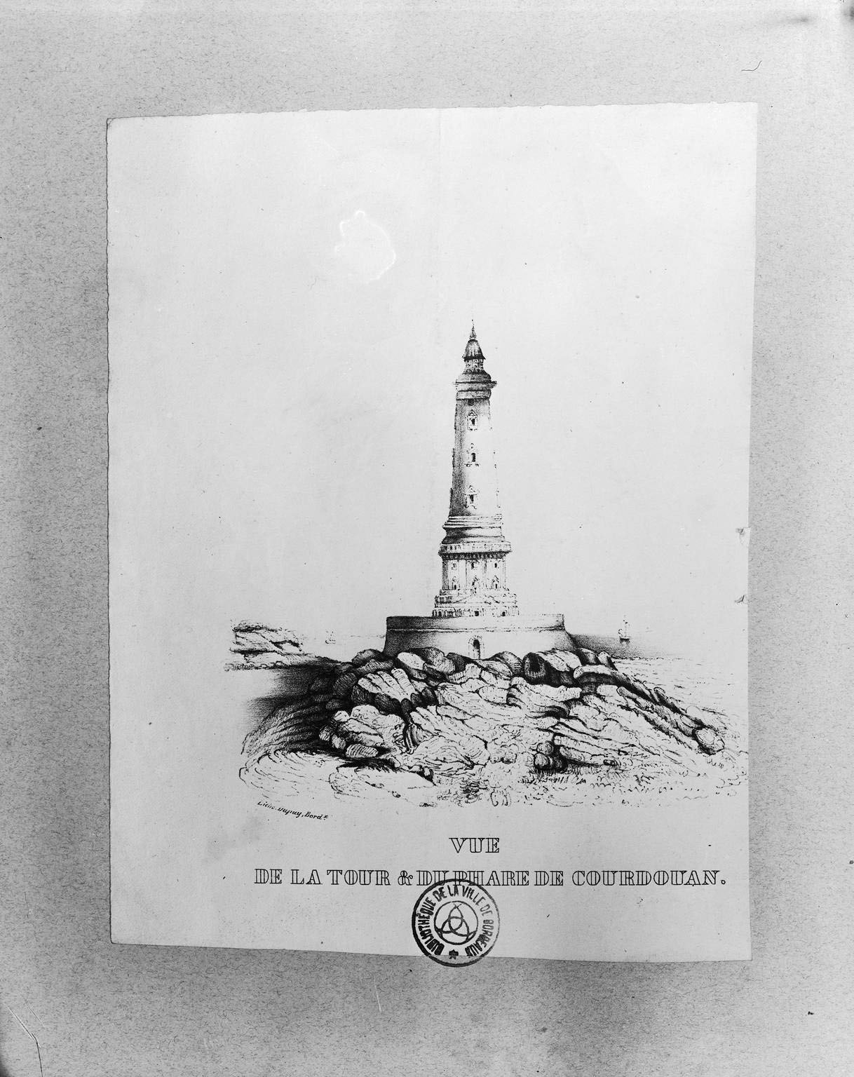 Lithographie de Dupuy (Bordeaux) : vue de la tour et du phare de Cordouan.