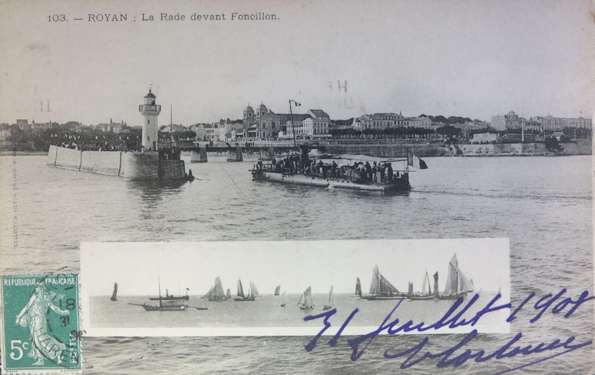 La jetée-embarcadère du bac du Verdon et, à l'arrière-plan, le quartier de Foncillon, vers 1900.