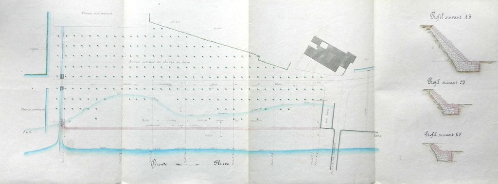 Projet de défense du champ de foire, plan et coupes, par l'ingénieur ordinaire des Ponts et Chaussées, Robaglia, 15 septembre 1863.