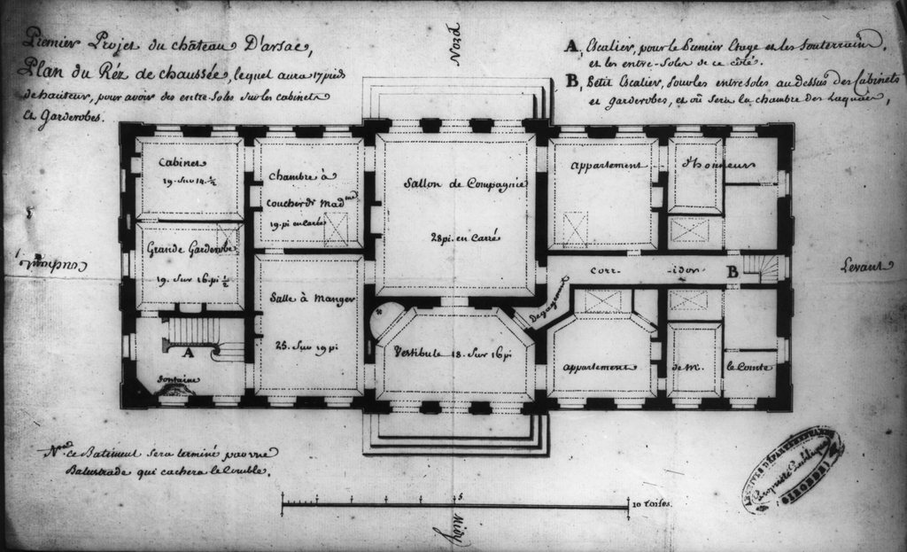 Plan du rez-de-chaussée du premier projet, par Bonfin, 1768.