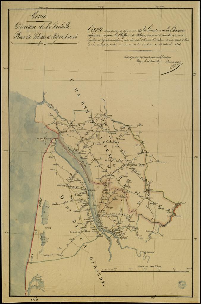 Carte d'une partie des départements de la Gironde et de la Charente Inférieure composant la Chefferie de Blaye, présentant l'ensemble des routes royales et départementales, des chelins vicinaux classés et des cours d'eau qui la traversent [....], 1837 (AD Gironde, FINC 03047).