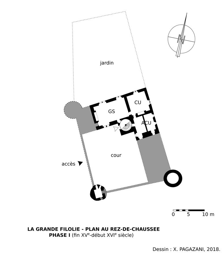 Plan restitué du rez-de-chaussée du château, état phase I (fin XVe-début XVIe siècle). En gris clair : bâtiments et murs disparus.