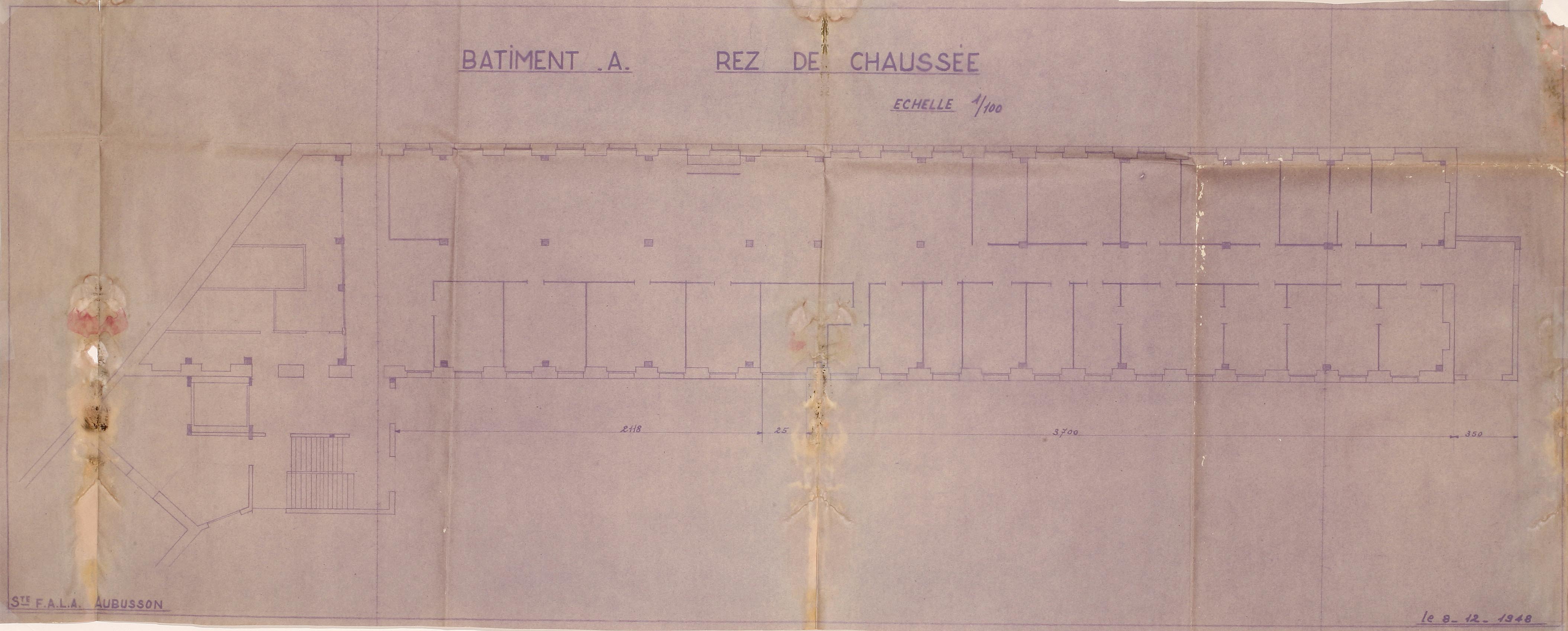 Plan du rez-de-chaussée du bâtiment A de la FALA (1948) (AC Aubusson).