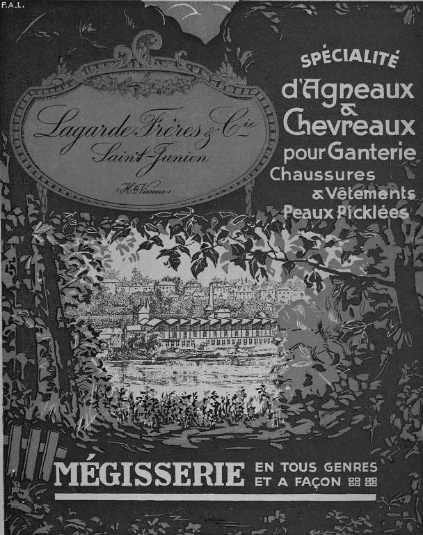 Affiche pour les établissements Lagarde frères et cie (vue de l'usine depuis trouée de la rive gauche) ; vers 1930, signée PAL.