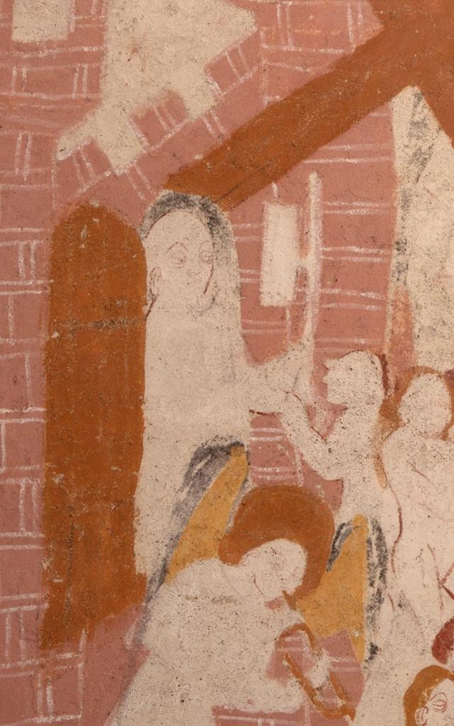 Saint Pierre, muni de sa clef, accueille les âmes à la porte du paradis, détail de la scène du Jugement dernier, peinte sur le registre supérieur de la retombée sud de la voûte.