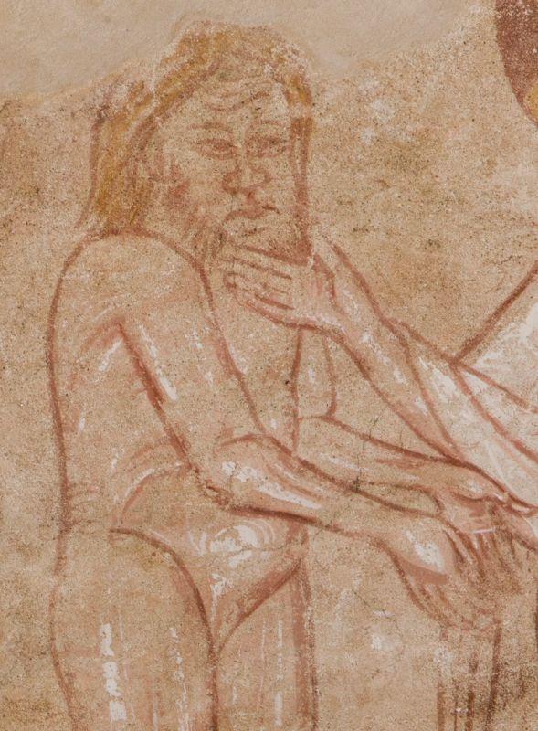Visage barbu d’Ève lorsqu'elle est présentée à Adam, voûte de la nef de l'abbaye de Saint-Savin.