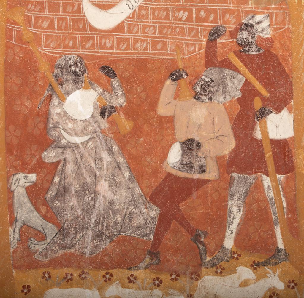 Dégradation de certaines couleurs devenues noires, sur la scène de l'Annonce aux bergers, peinte sur le registre inférieur de la retombée sud de la voûte.