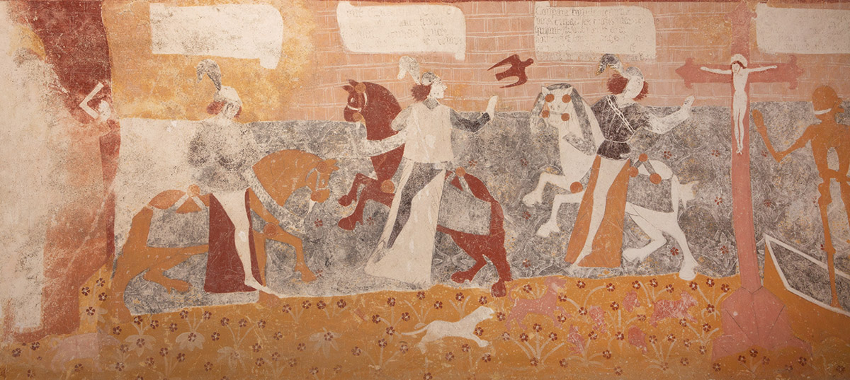 Les trois vifs, détail de la scène des trois vifs et des trois morts, partie gauche, peinte sur le registre inférieur de la retombée nord de la voûte.