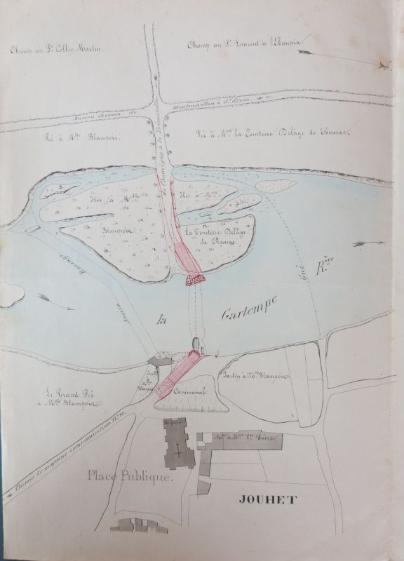 Plan pour l'amélioration des rampes d'accès au bac de Jouhet, avec mention du gué, du bac et du barrage de l'ancien moulin, par Delafont ingénieur, 1857