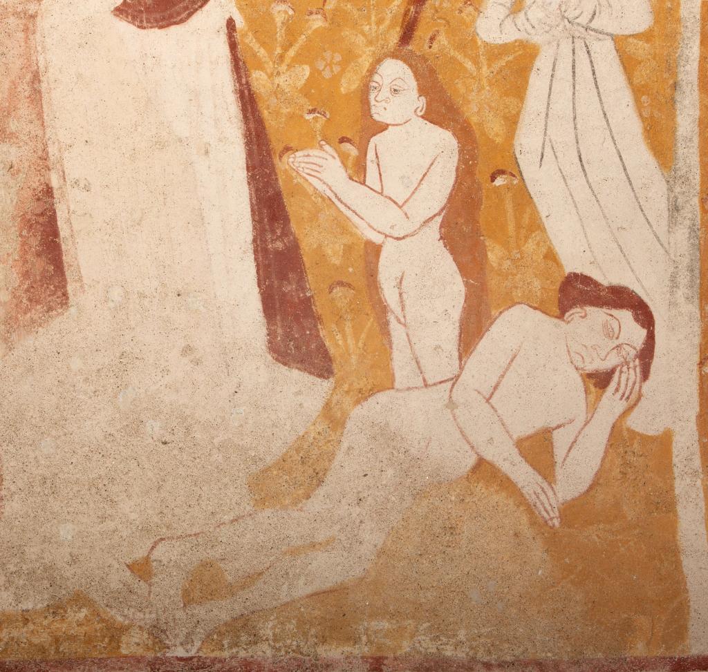 Ève jaillit du corps d'Adam, scène peinte sur le registre supérieur de la retombée nord de la voûte.