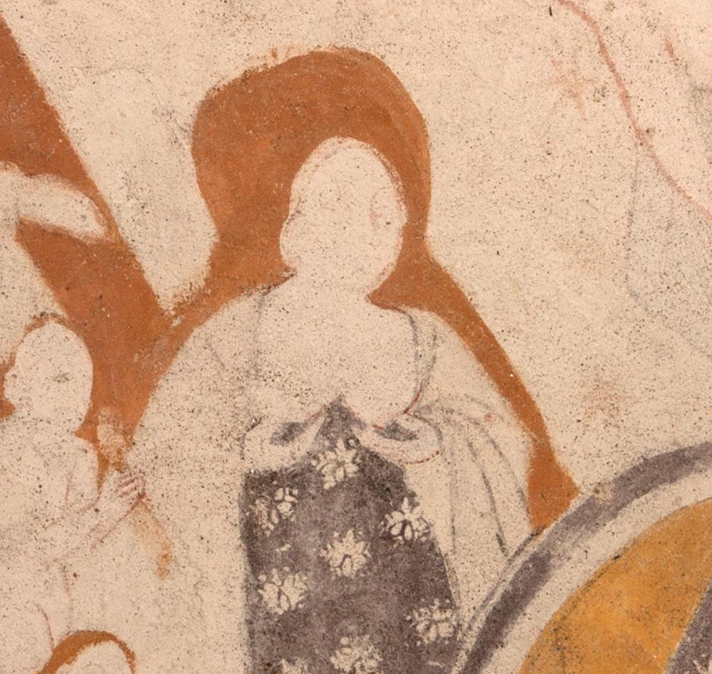 La Vierge, soutenant ses seins des deux mains, se tient près du Christ, détail de la scène du Jugement dernier, peinte sur le registre supérieur de la retombée sud de la voûte.