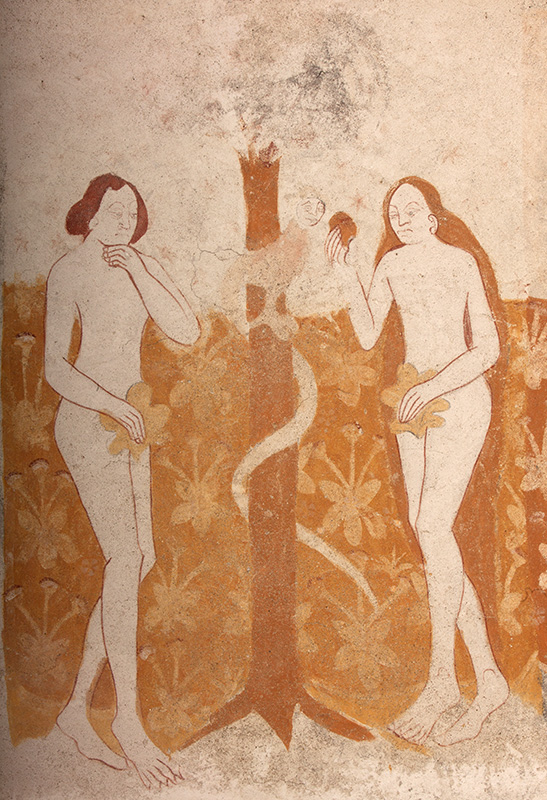 La Tentation d'Ève et Adam, scène peinte sur le registre supérieur de la retombée nord de la voûte.
