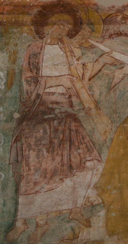 Ange soufflant dans une trompe lorsque Moïse reçoit les tables de la Loi, voûte de la nef de l'abbaye de Saint-Savin.