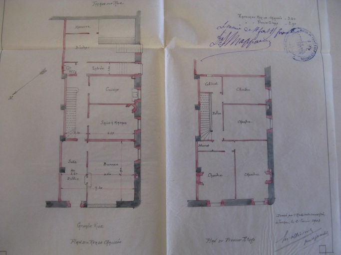 Projet de bureau de Poste en 1903 : plans du rez-de-chaussée et de l'étage.