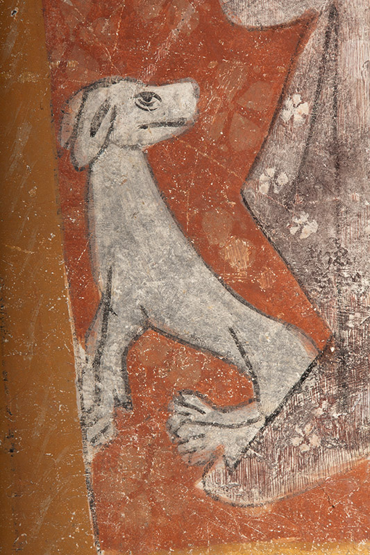 Chien, détail de la scène de l'Annonce aux bergers, peinte sur le registre inférieur de la retombée sud de la voûte.