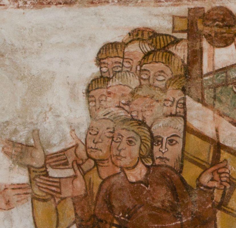 Groupe d'hommes lors de la construction de la Tour de Babel, voûte de la nef de l'abbaye de Saint-Savin.
