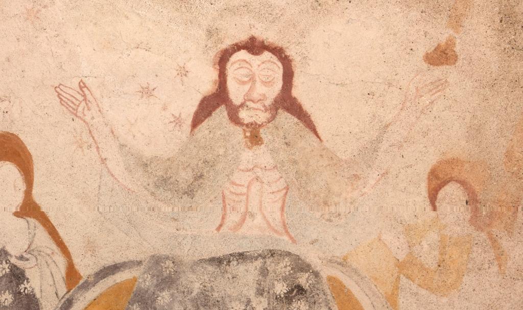 Le Christ, nu sous son manteau et exposant ses plaies, accueille les âmes, détail de la scène du Jugement dernier, peinte sur le registre supérieur de la retombée sud de la voûte.