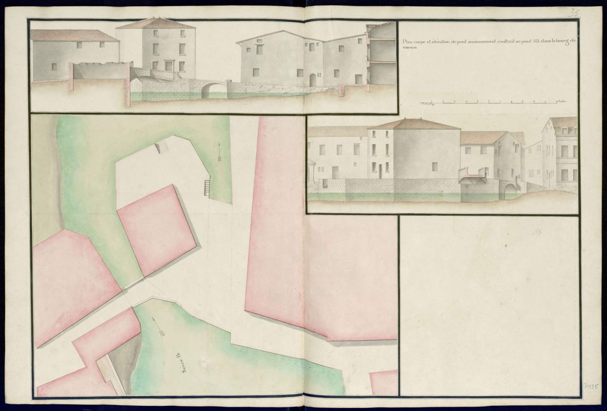 La maison (à l'emplacement du restaurant actuel) vers 1750, en haut (élévation de son mur pignon est) et au centre (en plan) ; plan et élévation du vieux pont de Marans et de ses alentours, par Trudaine.