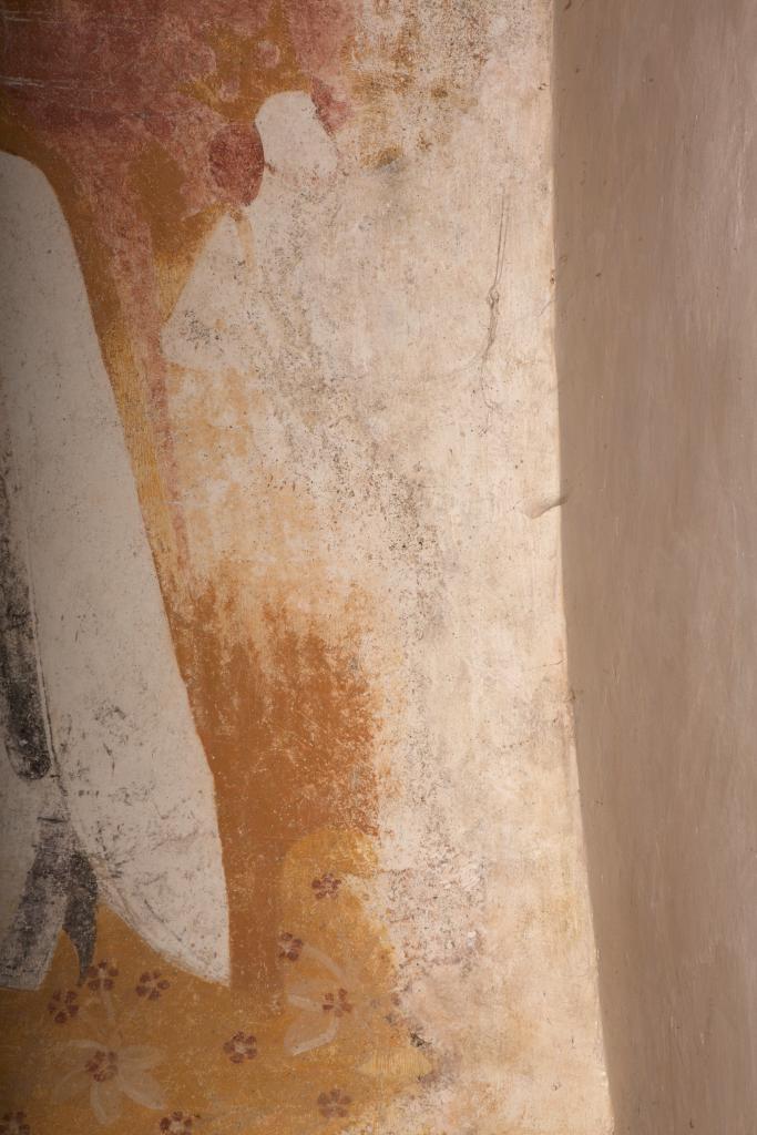 Scène très dégradée peinte sur le registre inférieur de la retombée sud de la voûte : Pernelle Ebrard ou Pierre de Boschage, présenté par sainte Catherine.