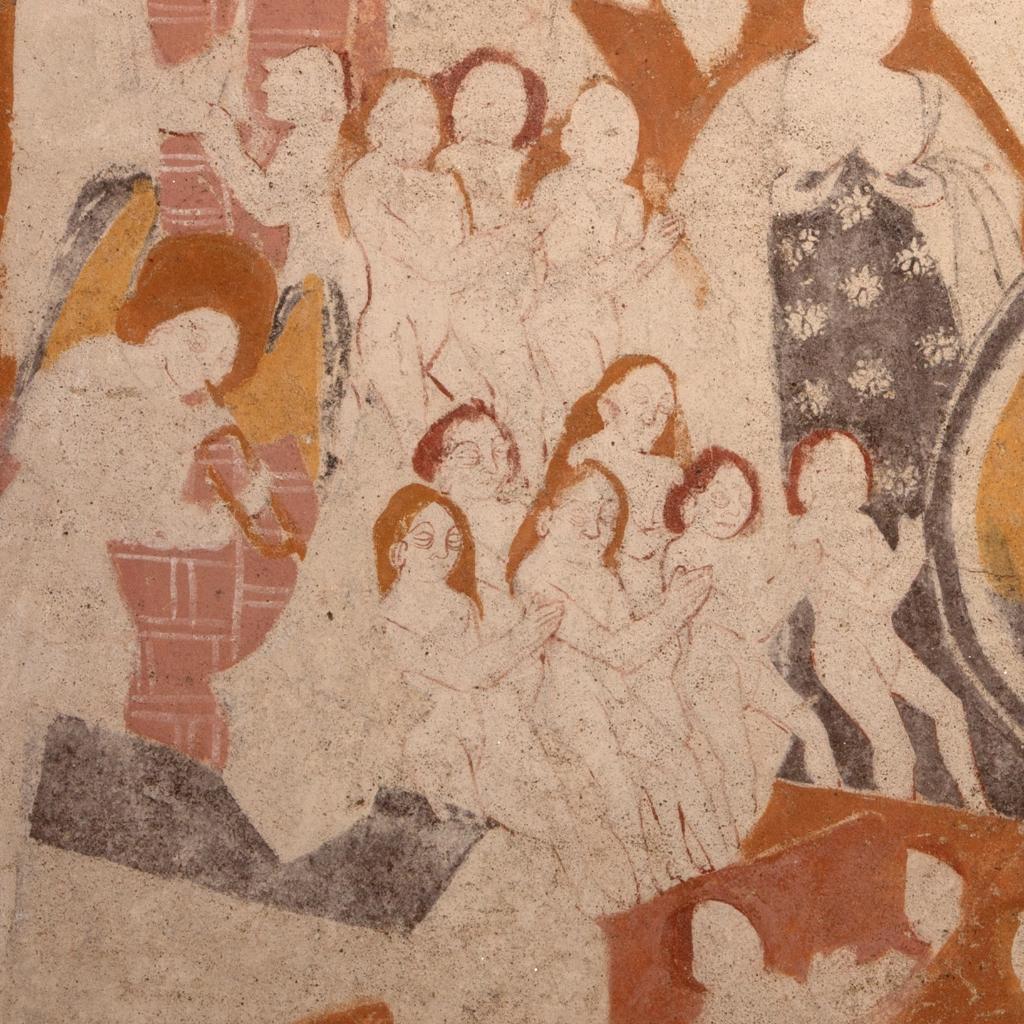 Les âmes dénudées après leur sortie des cercueils, détail de la scène du Jugement dernier, peinte sur le registre supérieur de la retombée sud de la voûte.