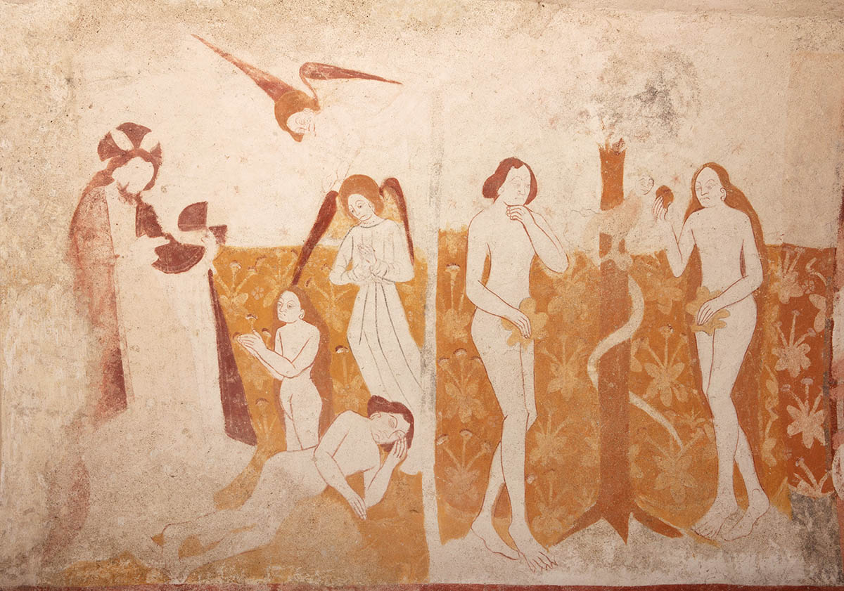 La Création d’Ève et la Tentation d' Adam et Ève, peintes sur le registre supérieur de la retombée nord de la voûte.