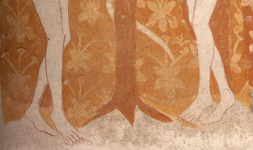 Les pieds d'Adam et Ève, détail de la scène de la Tentation d'Adam et Ève, peinte sur le registre supérieur de la retombée nord de la voûte.