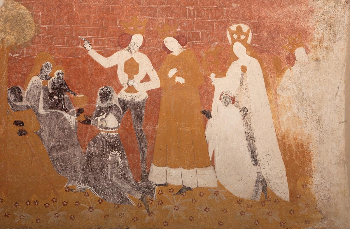 L'Adoration des mages, scène peinte sur le registre inférieur de la retombée sud de la voûte ; à droite, très dégradée, Pernelle Ebrard (?).