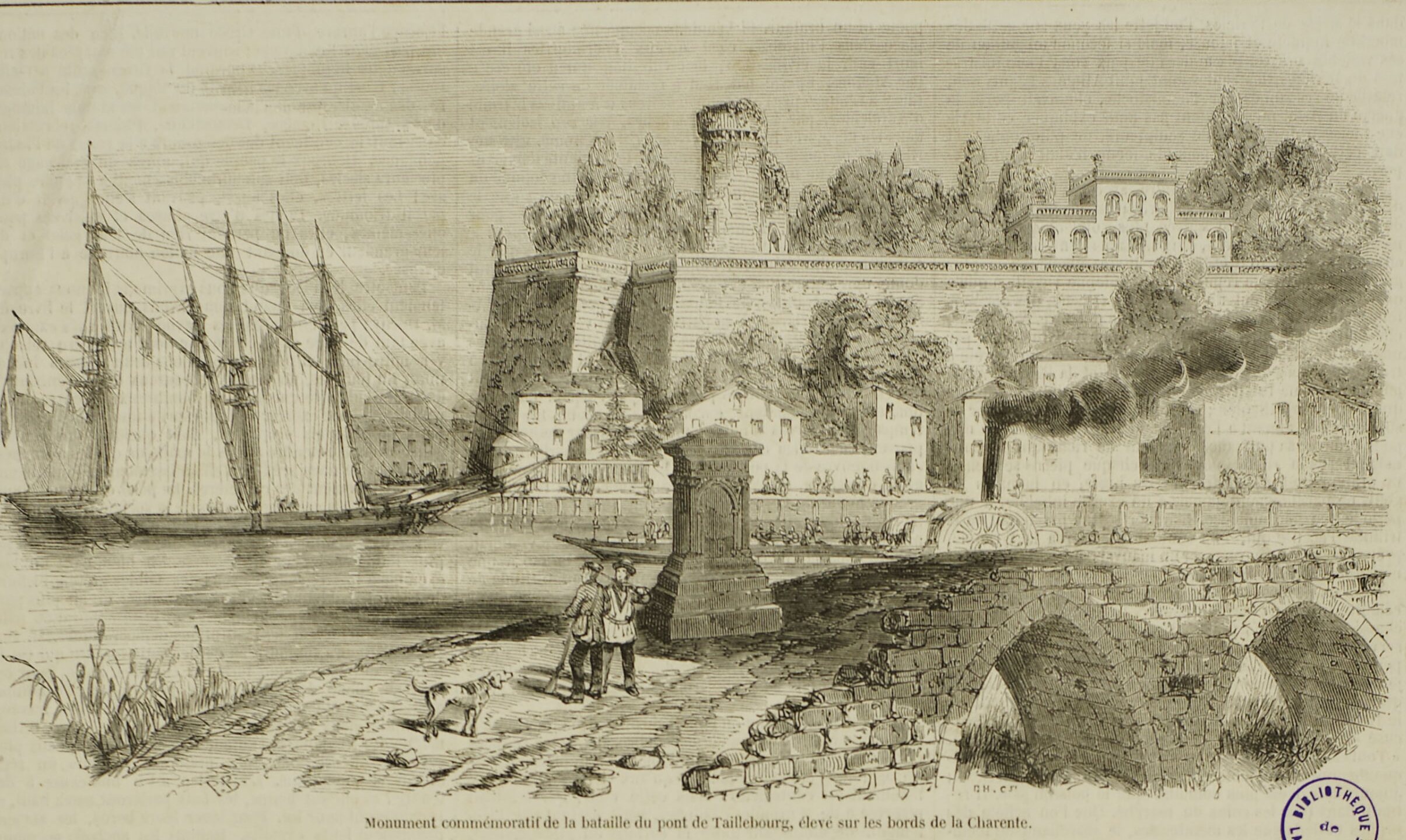 Bateaux à voiles et à vapeur au port de Taillebourg, estampe vers 1853.