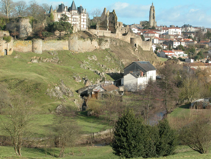 Vue générale prise de l'ouest : la minoterie au pied du château.