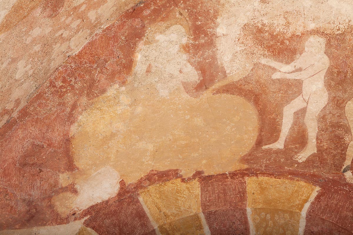 Le chaudron et une âme, détail de la scène de l'Enfer, peinte sur le mur est dans la chapelle de Jouhet.