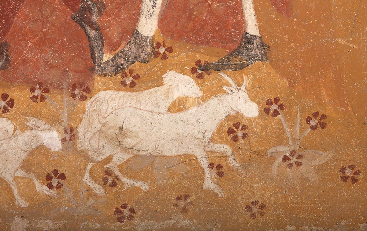 Moutons, détail de la scène de l'Annonce aux bergers, peinte sur le registre inférieur de la retombée sud de la voûte.