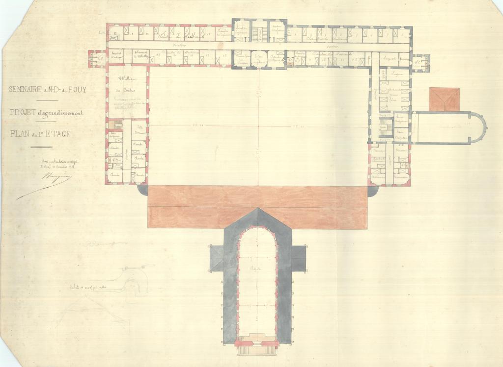 Projet d'agrandissement (non réalisé). Plan du premier étage. Victor Sanguinet, 1888.