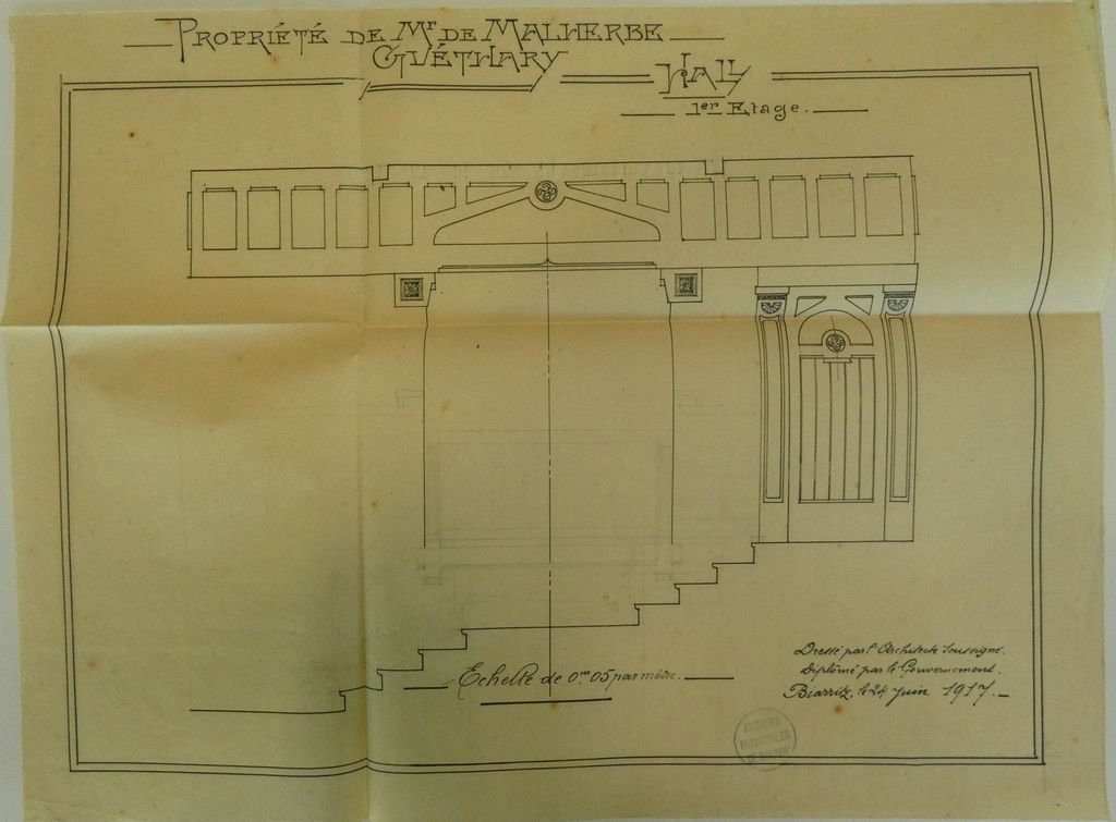Plan du hall et de l'escalier, juin 1917. 