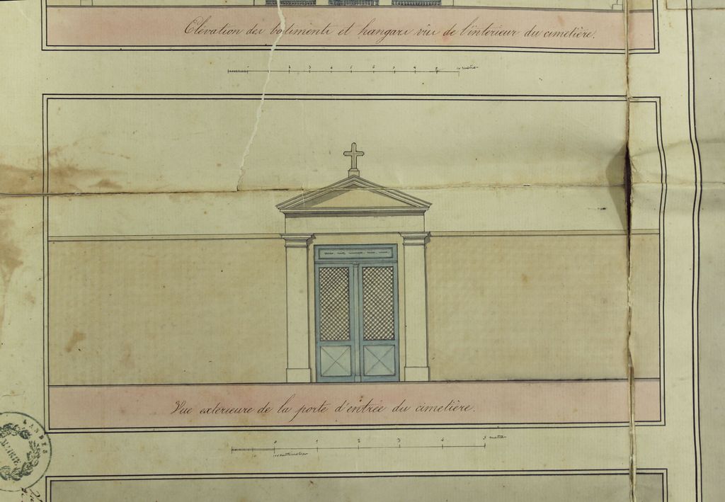 Plan du nouveau cimetière, par le chevalier de caupenne, 1832 (AM Dax, 9 M 101) : détail de la porte d'entrée.
