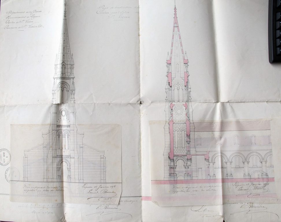 Projet de construction d'un clocher pour l'église de St Vivien, par Edouard Bonnore, 1er mai 1877, modifié le 12 janvier 1878.