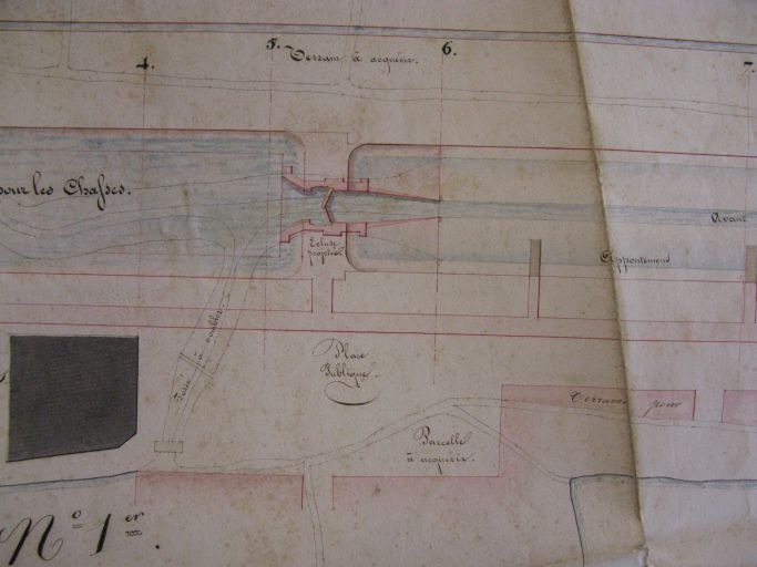Plan du projet d'aménagement du port de Mortagne par l'ingénieur Potel en 1841 : écluse et place publique.