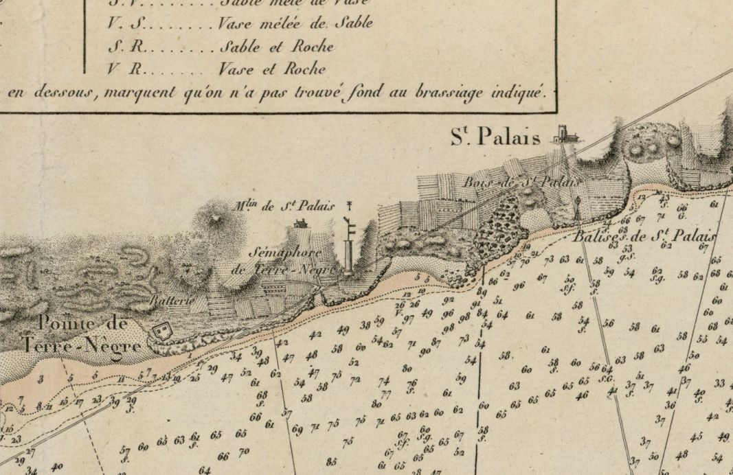 La côte de Saint-Palais, avec le bois de Saint-Palais et le bureau des douanes, sur une carte de la Gironde en 1812-1813.