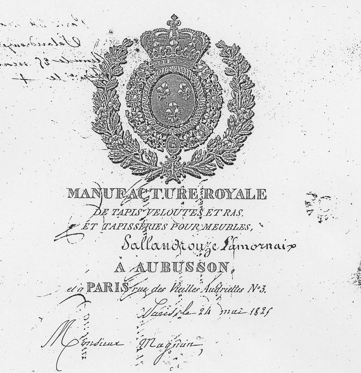 En-tête d'une lettre de la manufacture de tapis Sallandrouze de Lamornaix (1825) (Aubusson, centre de documentation du musée départemental de la Tapisserie)