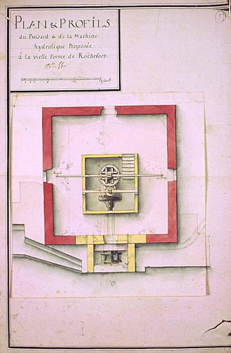 Plan et profils du puisard et de la machine hydraulique proposée à la vieille Forme de Rochefort, s.n., s.d. [1840]. Lavis sur papier, 36 x 26 cm. Plan sur retombe.