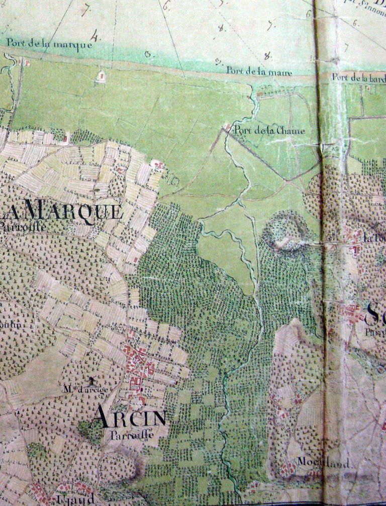 Extrait de la carte de l'embouchure de la Garonne, 1759 : marais d'Arcins-Soussans.