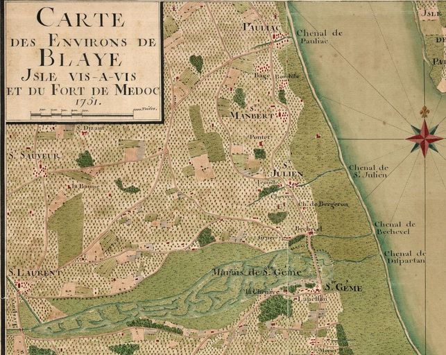 Carte des environs de Blaye, isle vis-à-vis et du fort de Medoc, 1751 : détail.