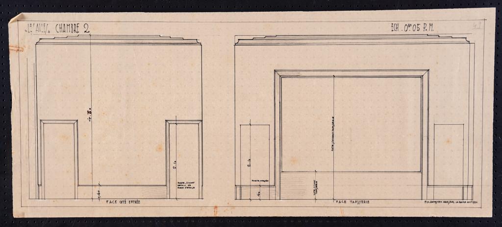 Chambre 2 au premier étage : élévations des faces du côté de l'entrée et de l'alcôve de la tapisserie, P. H. Datessen, La Baule, août 1936.