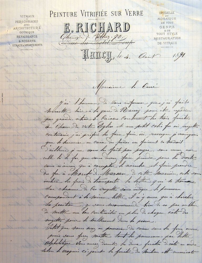 Lettre du verrier nancéien Émile Richard au curé Éloi Foy, annonçant l'envoi effectif des trois verrières du chœur, 4 août 1891, début (AP Coudures).