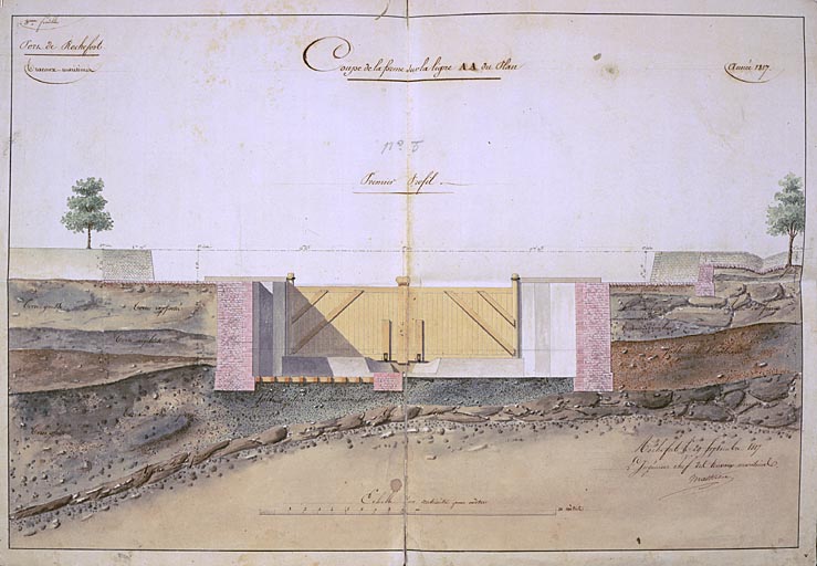 Coupe de la forme sur la ligne AA du plan ; élévation des portes doubles en bois, le 29 septembre 1817, par l'ingénieur Mathieu. Lavis sur papier, 40 x 57 cm.