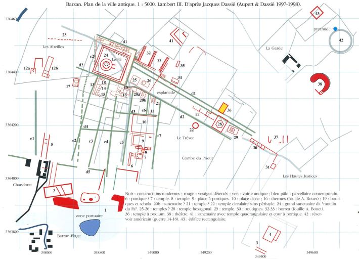 Plan de la ville antique de Barzan, d'après Pierre Aupert et Jacques Dassié (1997-1998).