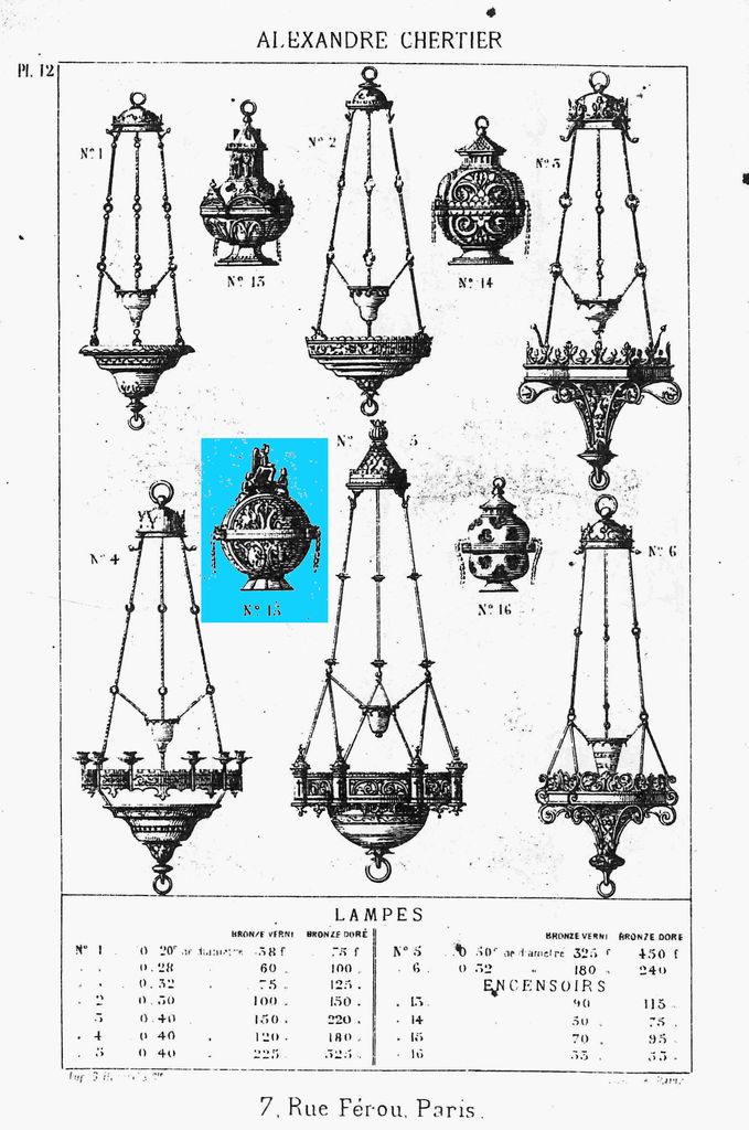 Extrait du catalogue de la maison Alexandre Chertier, 1876 : modèle d'encensoir, pl. 12, n° 15 (à gauche).