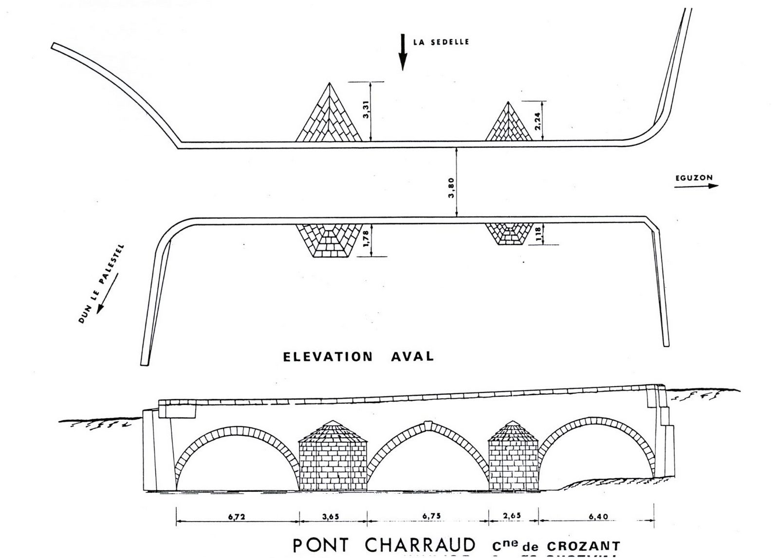 Plan en coupe et plan de l'élévation en aval du pont Charraud. 