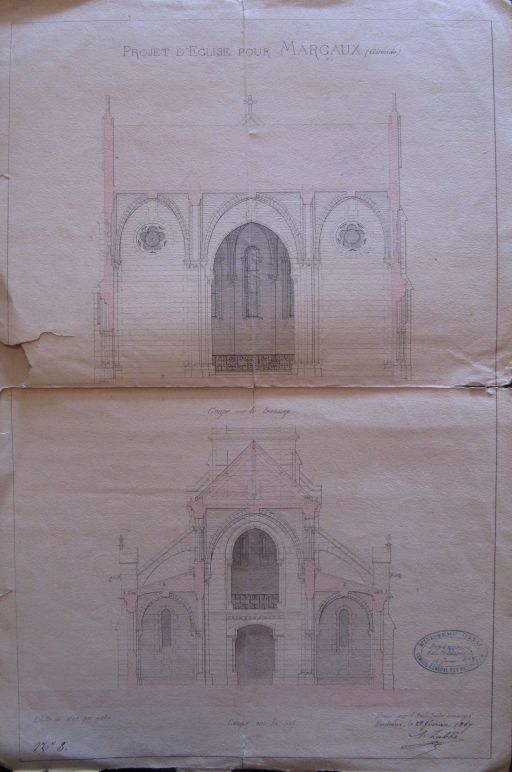 Projet pour l'église de Margaux, A. Labbé, 1867 : coupes de la nef et du transept.