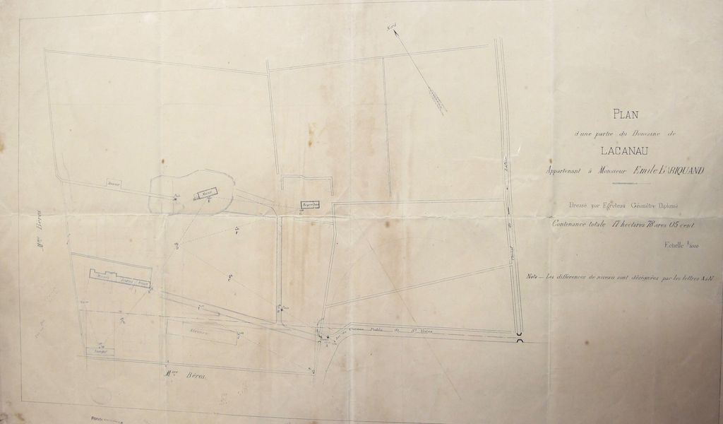 Plan d'une partie du domaine de Lacanau appartenant à M. Emile Bariquand, dressé par Egreteau, géomètre diplômé, s.d.
