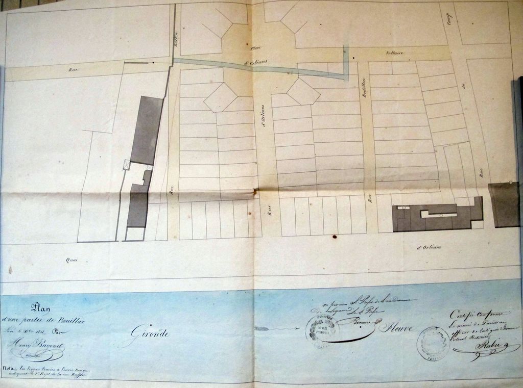 « Plan d'une partie de Pauillac » : place d'Orléans. Papier, encre, lavis, par Henry Bagouet (géomètre), 6 décembre 1838.